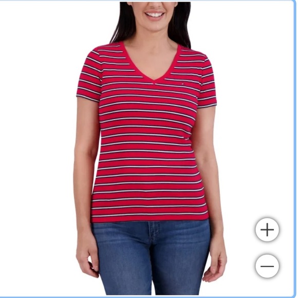 NWT Tommy Hilfiger Women's V-Neck red strip Tee 100% cotton - Picture 1 of 6